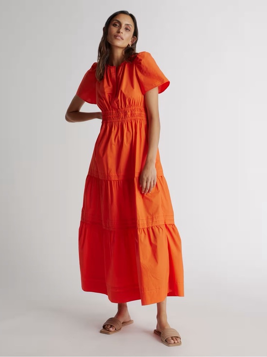 Quince Dresses & Skirts - Quince Organic Poplin Cotton Tiered Maxi Dress in Vermilion Red Small Resort
